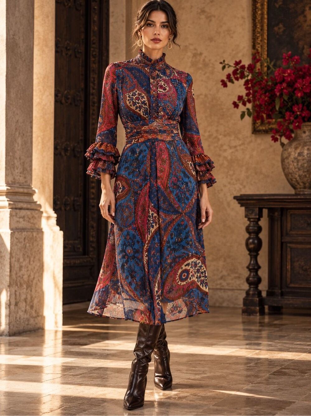 Almatrichi Madrid Paisley Dress 38 Pleated Ruffle Corset Sash Boho Multi Color